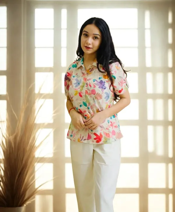 Multicolour_Floral_Print_Short_Sleeve_Collared_Shirt_For_Women
