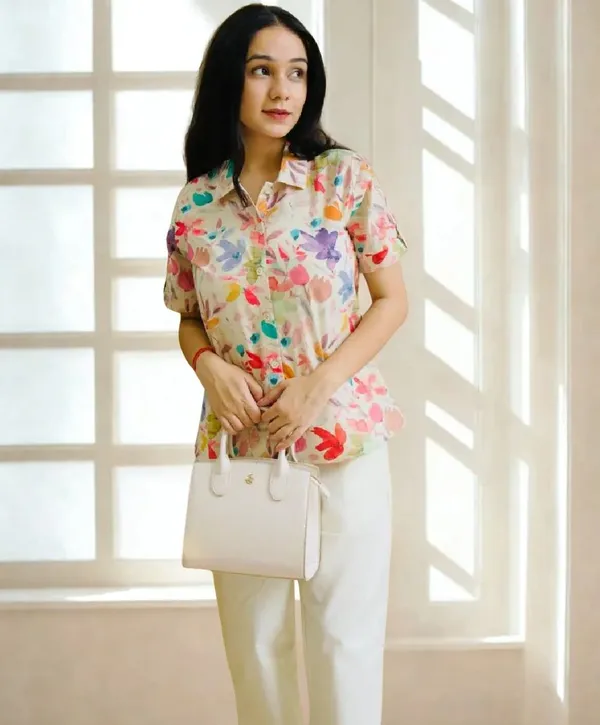 Multicolour_Floral_Print_Short_Sleeve_Collared_Shirt_For_Women