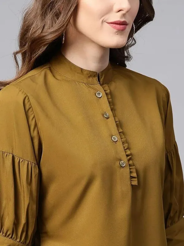 Womens_Olive_Green_Button_Down_Top_With_Puff_Sleeves