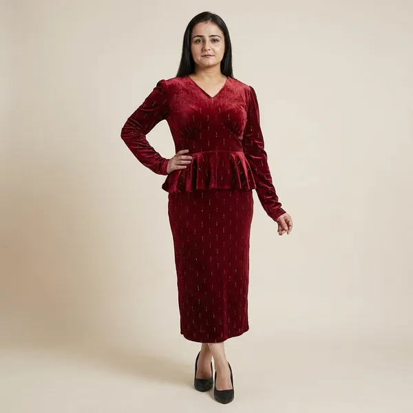 Maroon_Velvet_Embroidered_Peplum_Kurta_Set