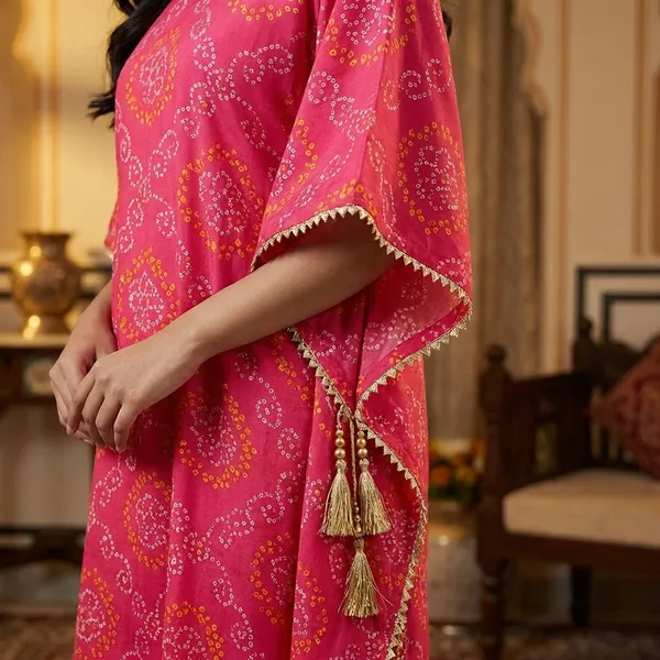 Bandhani_Print_Kaftan_Dress_With_Tassels_Red