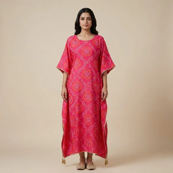 Bandhani_Print_Kaftan_Dress_With_Tassels_Red