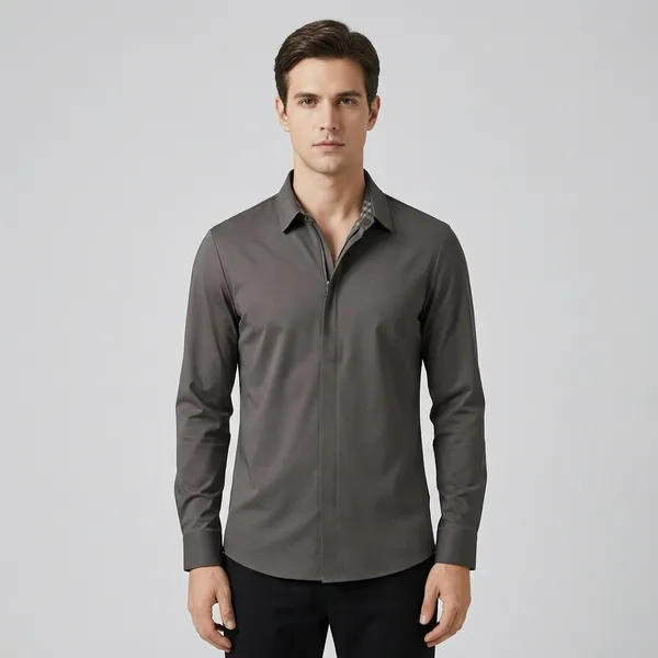 Men's_Olive_Green_Long_Sleeve_Shirt_With_Collar_And_Button_Closure