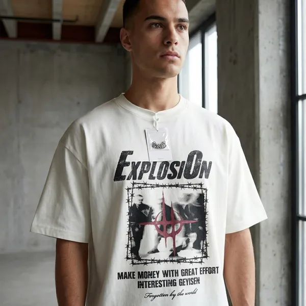 Explosion_Graphic_T-Shirt_-_Cream/Off-White_Unisex_Tee_With_Barbed_Wire_Design