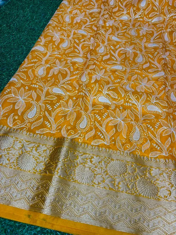Yellow_Organza_Silk_Chikan_Kari_Work_Banarasi_Saree