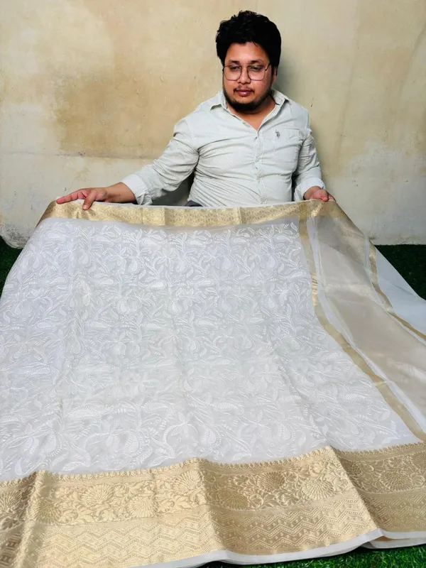 White_Organza_Silk_Chikan_Kari_Work_Banarasi_Saree