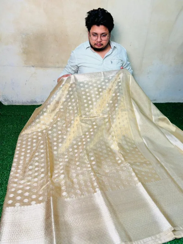 Cream_Tissue_Silk_Ikat_Buti_Banarasi_Saree_With_Silver_Zari_Buti_Work_And_Woven_Border