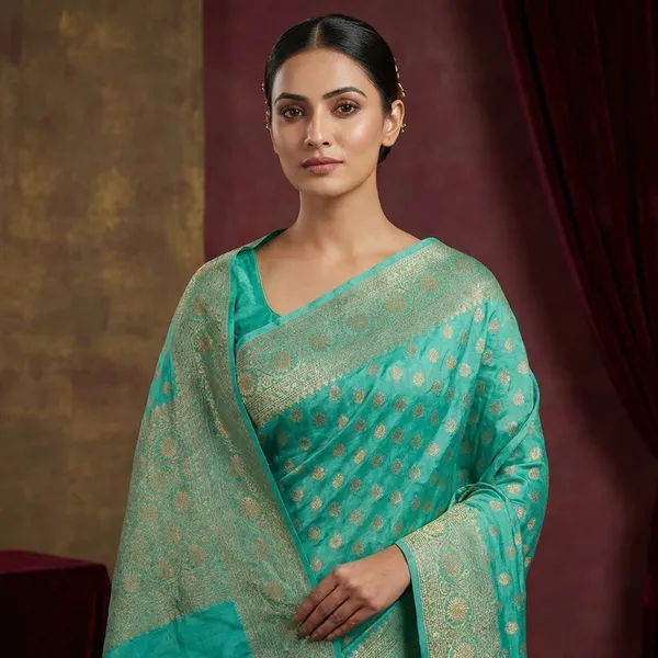 Turquoise_Khaddi_Buti_Georgette_Silk_Saree_Boldly_Combines_Traditional_Craftsmanship_With_Provocative_Elegance
