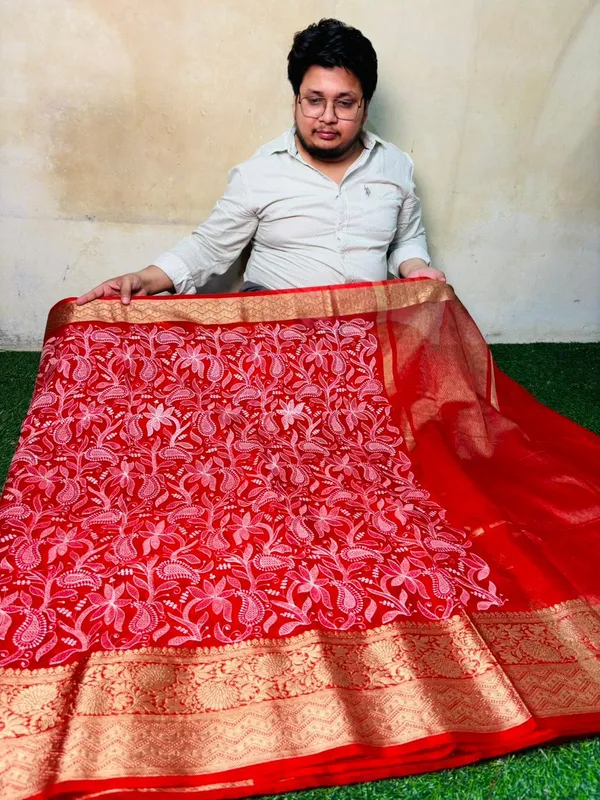 Red_Organza_Silk_Chikan_Kari_Work_Banarasi_Saree