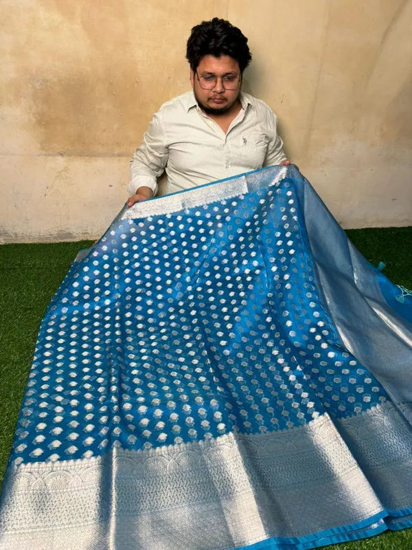 Blue_Tissue_Silk_Ikat_Buti_Banarasi_Saree_With_Silver_Zari_Buti_Work_And_Woven_Border