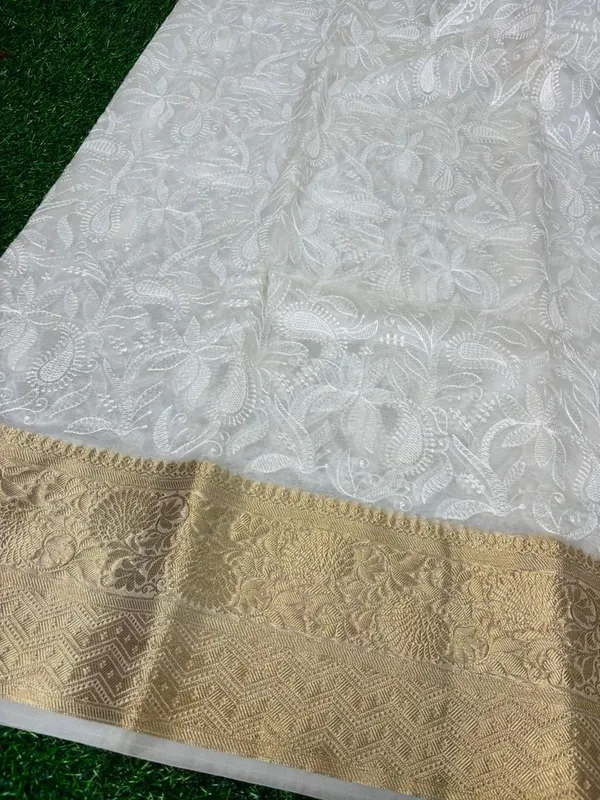 White_Organza_Silk_Chikan_Kari_Work_Banarasi_Saree