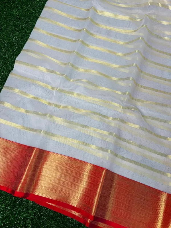 White_Silk_Saree_With_Golden_Zari_Stripes_And_Red_Border