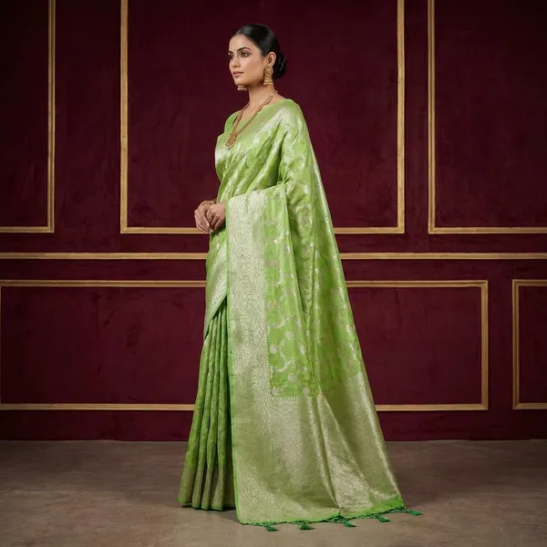 Parrot_Green_Chinia_Silk_Saree_With_Silver_Zari_Weaving_And_Traditional_Floral_Jal_Work