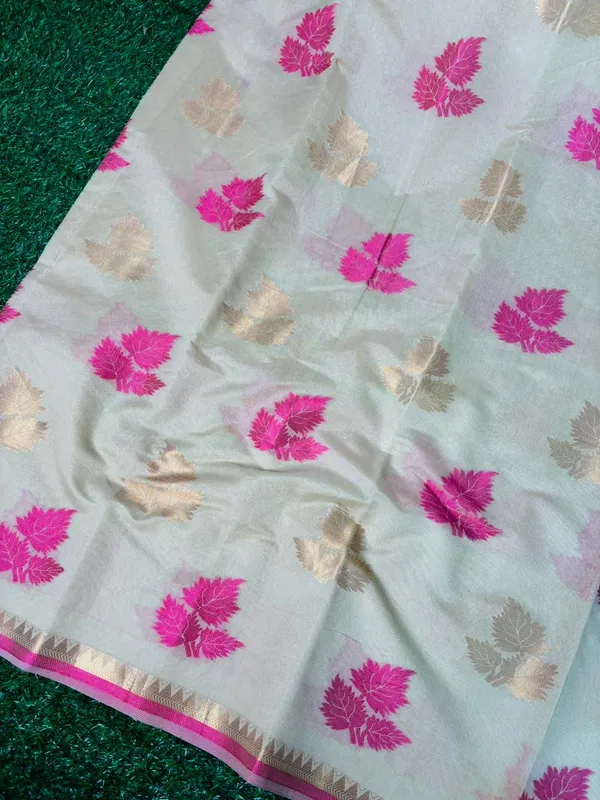 Cream_Banarasi_Cotton_Silk_Saree_With_Woven_Leaf_Motifs_In_Beige_And_Pink
