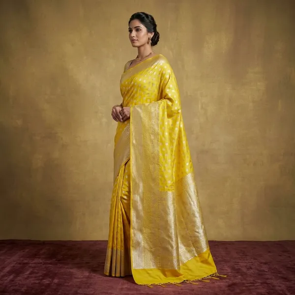 Yellow_Banarasi_Chinia_Silk_Saree_With_Zari_Work