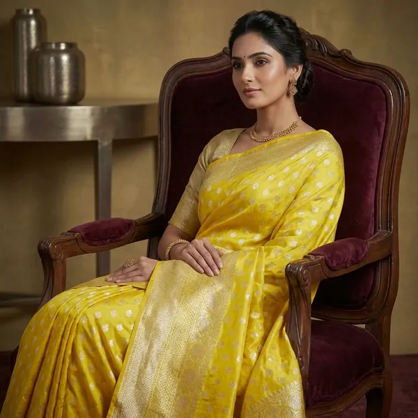 Yellow_Banarasi_Chinia_Silk_Saree_With_Zari_Work