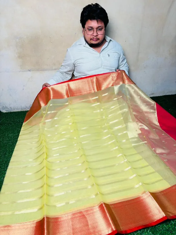 Yellow_Chanderi_Silk_Saree_With_Red_Border_And_Silver_Zari_Stripes