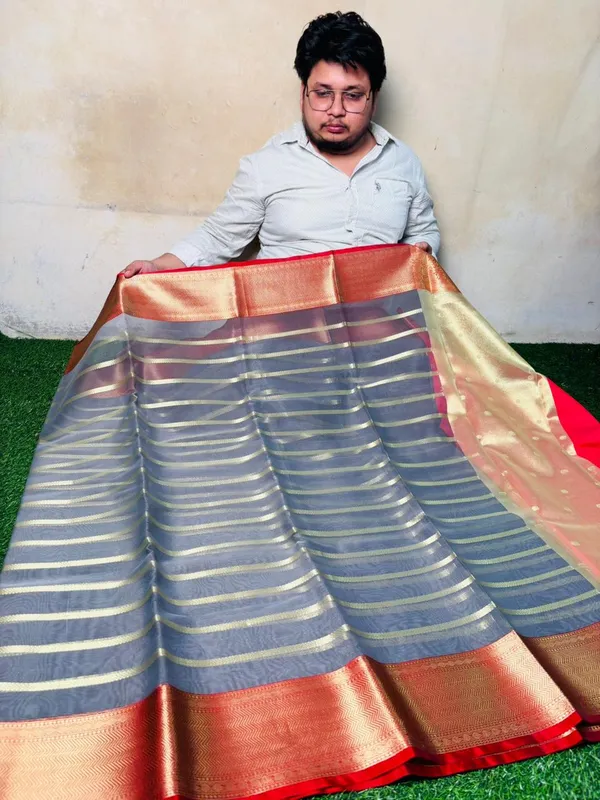 Grey_Silk_Saree_With_Golden_Stripes_And_Red_Border