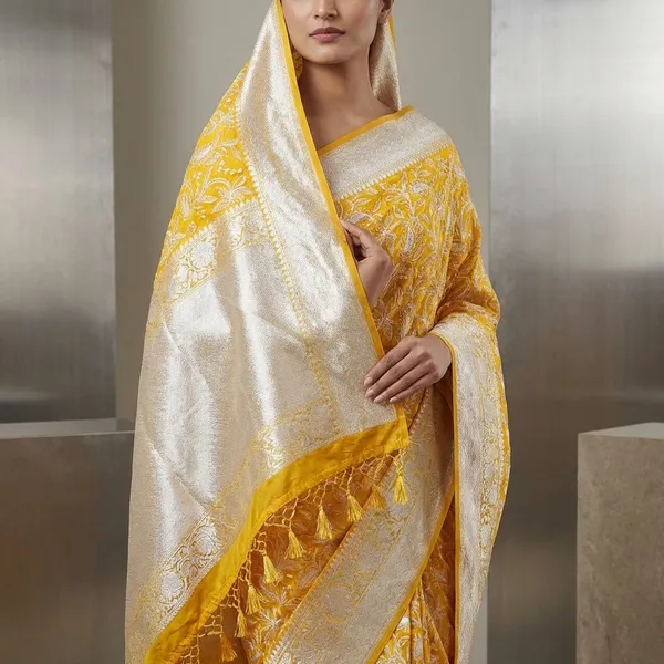 Yellow_Organza_Silk_Chikan_Kari_Work_Banarasi_Saree