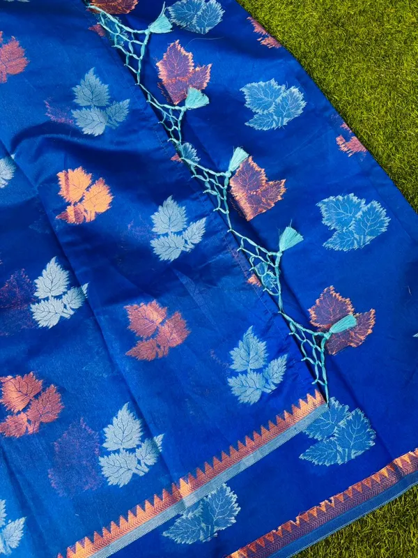 Royal_Blue_Banarasi_Cotton_Silk_Saree_With_Colorful_Leaf_Motifs_And_Contrast_Border