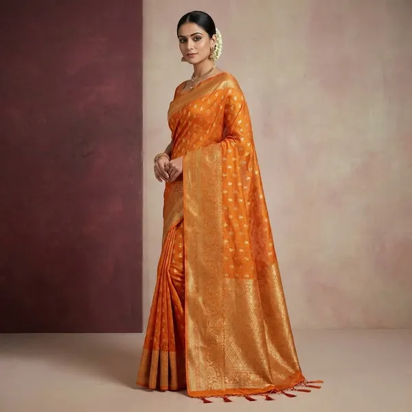 Orange_Breathable_Tissue_Silk_Banarasi_Saree_With_Rich_Pallu_And_Blouse