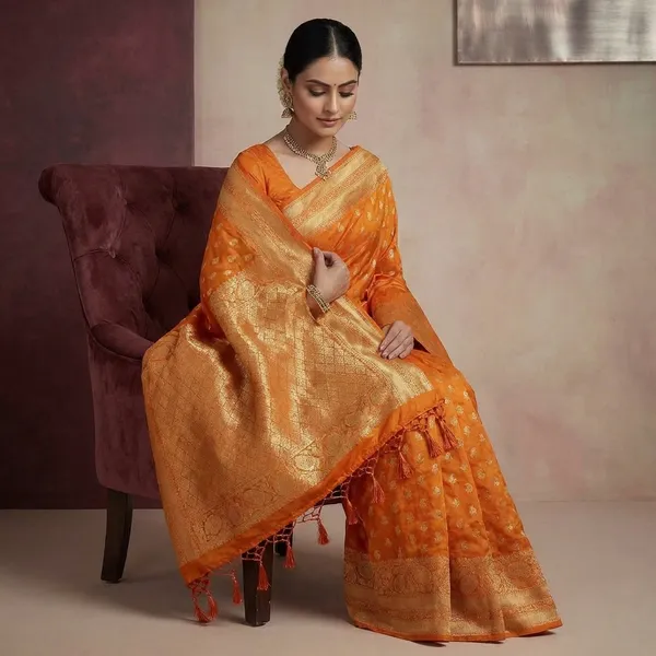 Orange_Breathable_Tissue_Silk_Banarasi_Saree_With_Rich_Pallu_And_Blouse