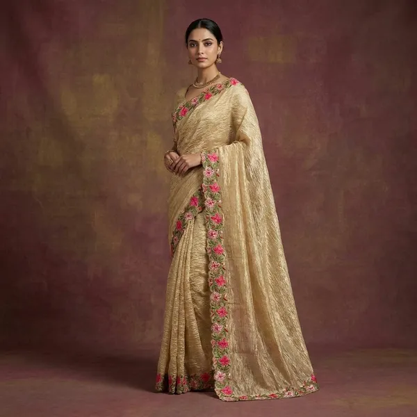 Golden_Tissue_Crush_Silk_Crochet_Work_Banarasi_Saree