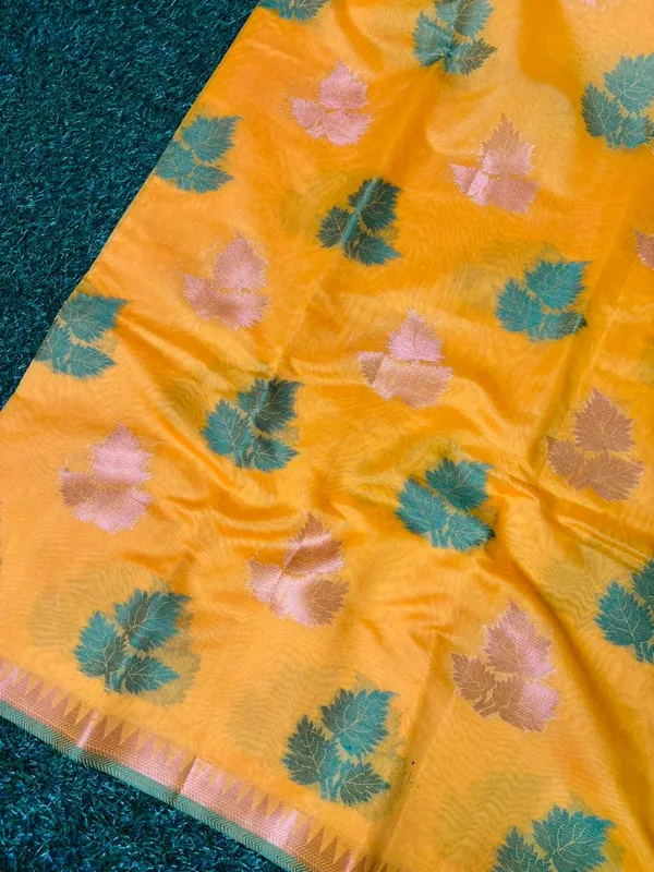 Yellow_Banarasi_Cotton_Silk_Saree_With_Green_Leaf_Motifs_And_Contrasting_Border