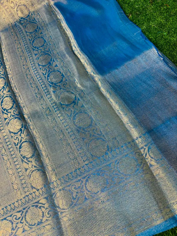 Blue_Breathable_Tissue_Silk_Saree_With_Golden_Zari_Work_And_Buti_Pattern