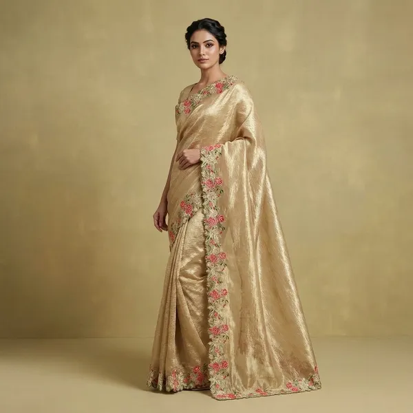 Golden_Tissue_Crush_Silk_Crochet_Work_Banarasi_Saree