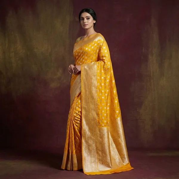 Mustard_Yellow_Banarasi_Chinia_Silk_Saree_With_Zari_Work