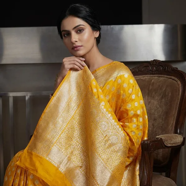 Mustard_Yellow_Banarasi_Chinia_Silk_Saree_With_Zari_Work