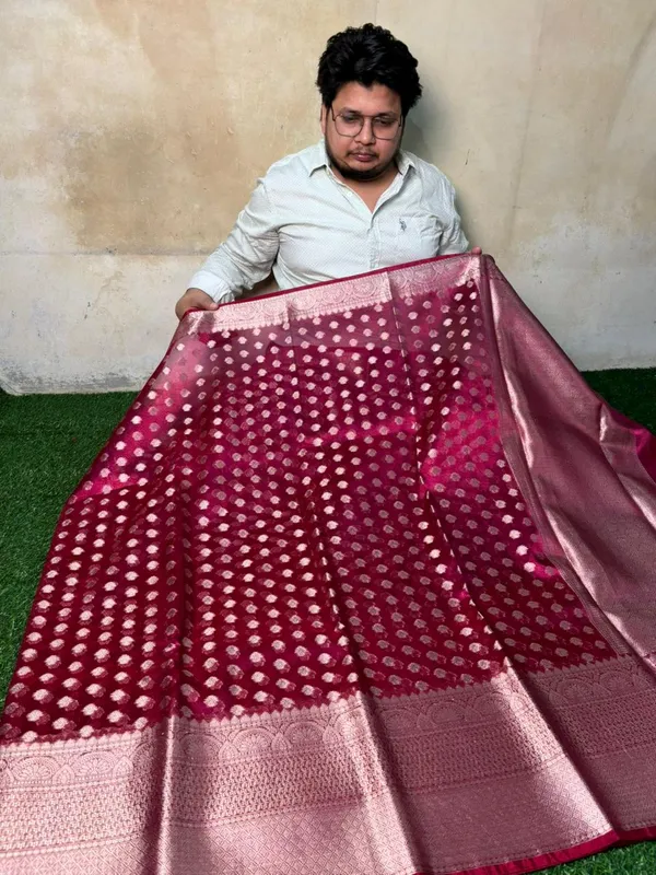 Tissue_Silk_Ikat_Buti_Banarasi_Saree_With_Silver_Zari_Buti_Work_And_Woven_Border