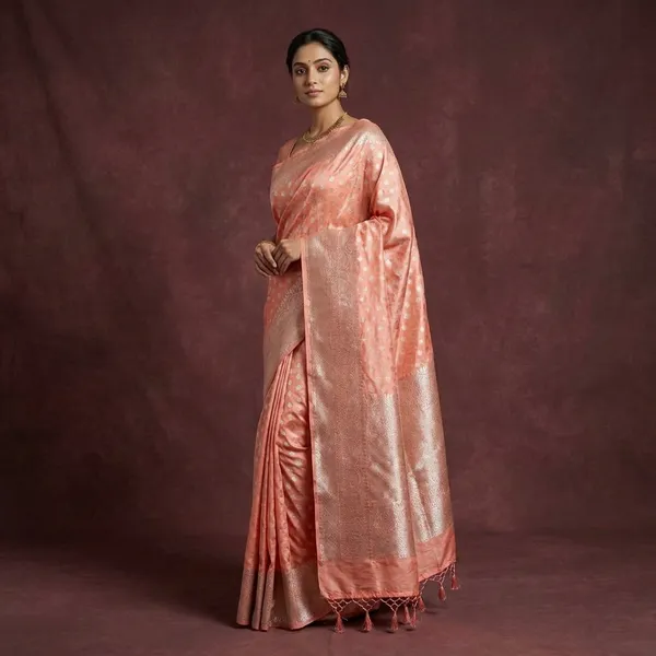 Elegant_Peach_Banarasi_Chinia_Silk_Saree_With_Zari_Work