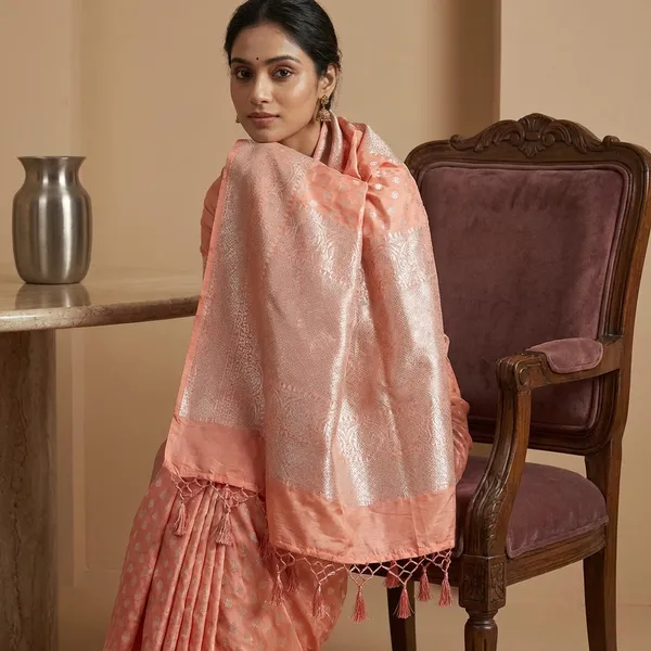 Elegant_Peach_Banarasi_Chinia_Silk_Saree_With_Zari_Work