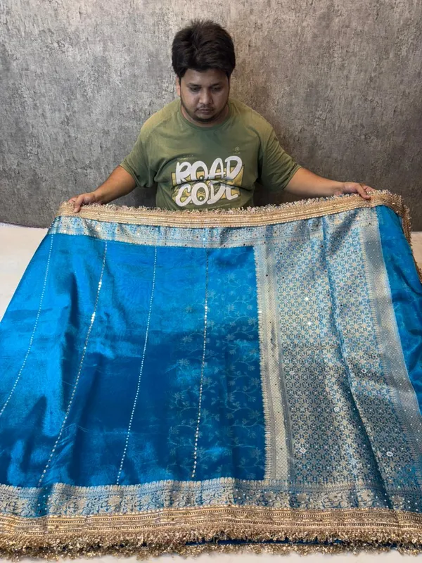 FIROZI_BLUE_KORA_TISSUE_MIRROR_WORK_BANARASI_SAREE