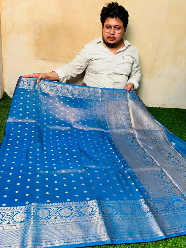 Blue_Breathable_Tissue_Silk_Saree_With_Golden_Zari_Work_And_Buti_Pattern