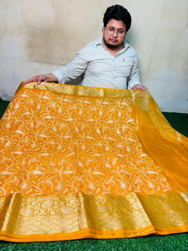 Yellow_Organza_Silk_Chikan_Kari_Work_Banarasi_Saree