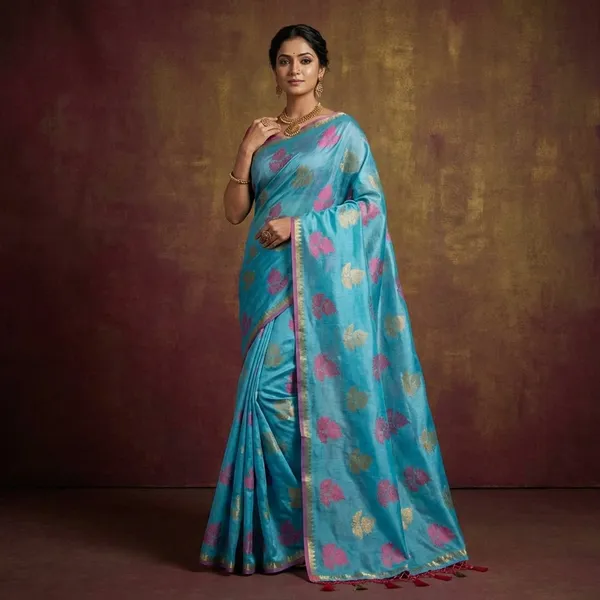 Sky_Blue_Banarasi_Cotton_Silk_Saree_With_Colorful_Floral_Motifs_And_Golden_Border