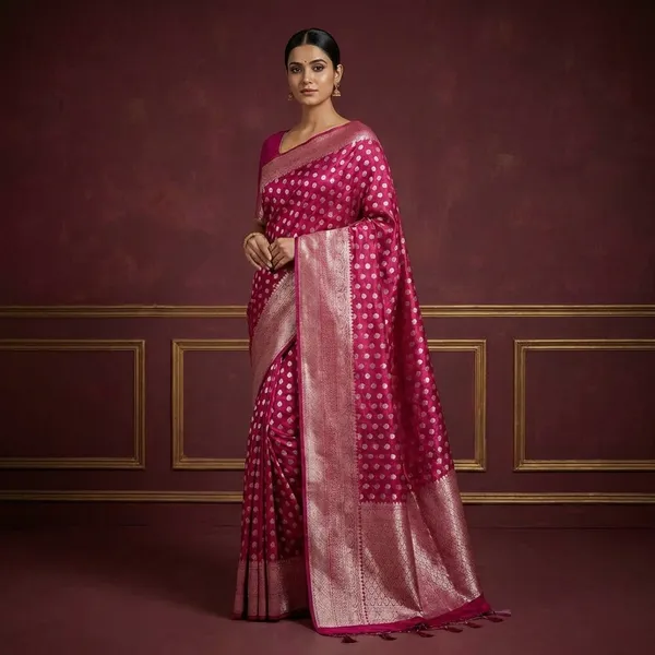 Tissue_Silk_Ikat_Buti_Banarasi_Saree_With_Silver_Zari_Buti_Work_And_Woven_Border