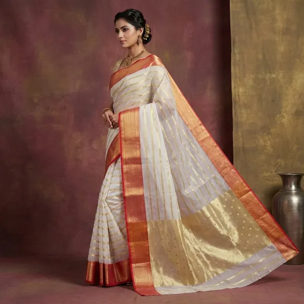 White_Silk_Saree_With_Golden_Zari_Stripes_And_Red_Border