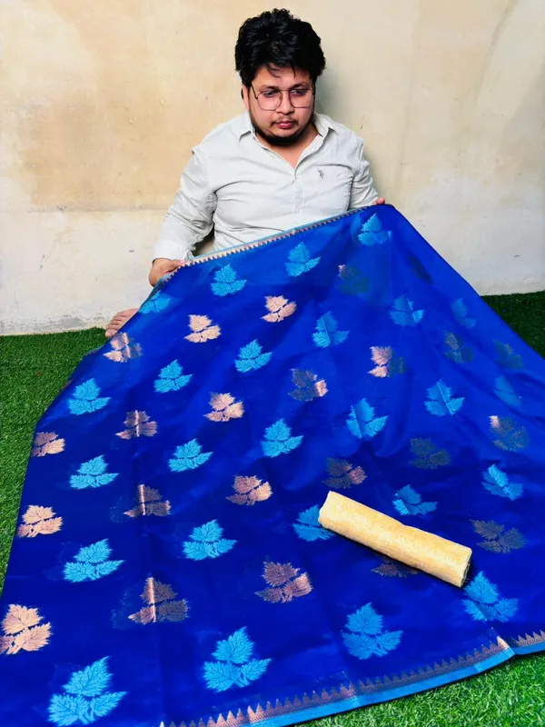 Royal_Blue_Banarasi_Cotton_Silk_Saree_With_Colorful_Leaf_Motifs_And_Contrast_Border
