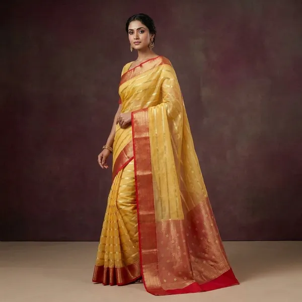 Organza_Silk_Saree_With_Golden_Zari_Stripes_And_Contrast_Red_Border