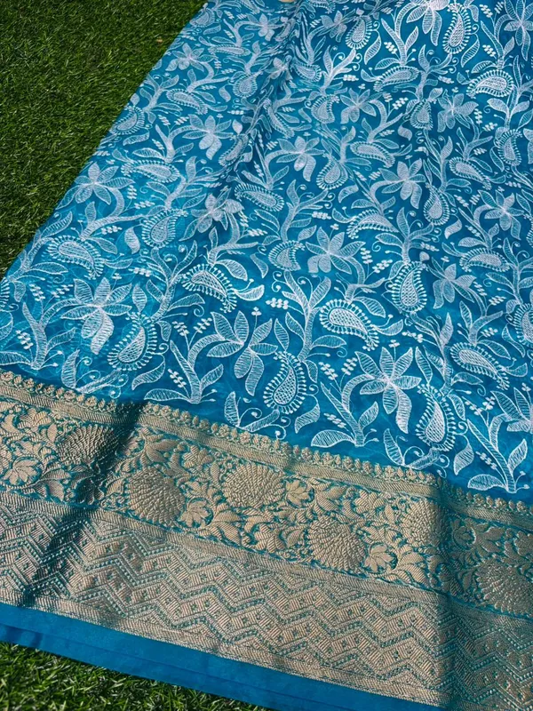 Sky_Blue_Organza_Silk_Chikan_Kari_Work_Banarasi_Saree
