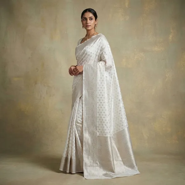 White_Banarasi_Chinia_Silk_Saree_With_Zari_Work