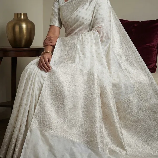 White_Banarasi_Chinia_Silk_Saree_With_Zari_Work