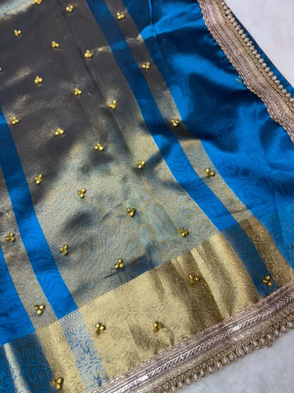 CARMINE_SKY_BLUE_TISSUE_SILK_GHUNGROO_WORK_SAREE
