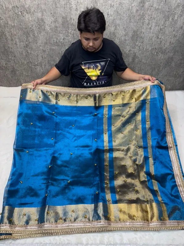 CARMINE_SKY_BLUE_TISSUE_SILK_GHUNGROO_WORK_SAREE