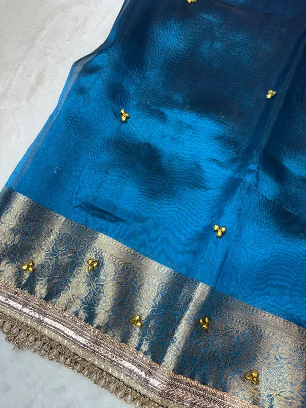 CARMINE_SKY_BLUE_TISSUE_SILK_GHUNGROO_WORK_SAREE