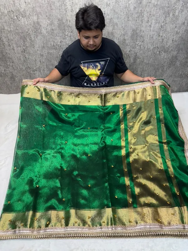 CARMINE_GREEN_TISSUE_SILK_GHUNGROO_WORK_SAREE